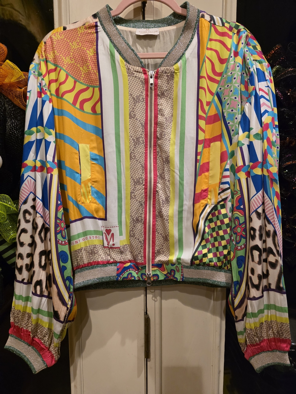 "Lesbos Palm Summer Patchwork" bomber jacket by the brand MUCHO GUSTO